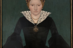 Portrait of a woman wearing a black dress with a patterned high collar and a pendant necklace.