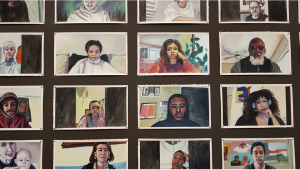 A grid of framed painted portraits depicting various individuals in different interior settings.
