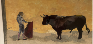 A matador in a blue suit holds a red cape near a bull on a yellow background.