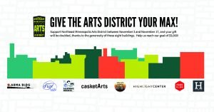 Fundraising flyer for the Northeast Minneapolis Arts District featuring a colorful city skyline graphic and logos for eight participating buildings, stating that gifts made between November 3 and November 17 will be doubled to reach a $5,000 goal.